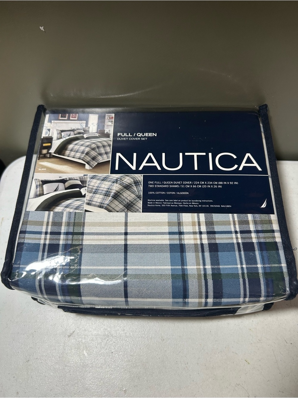 New Nautica Blue and Cream Plaid Full/Queen Duvet Cover Set